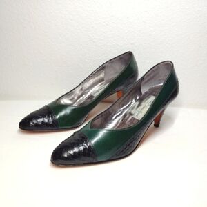 Vintage Rangoni Heels Dark Green Tuscan Calfskin Black Snake Italian Leather 7.5
